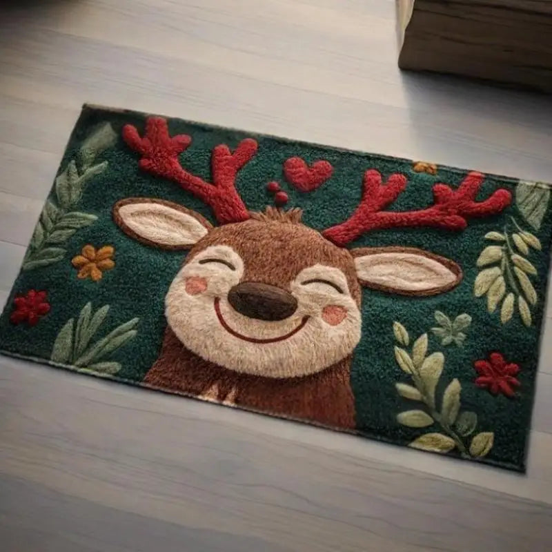 Christmas Deer Fluffy Microfiber Bath Mat - Quick-Dry & Absorbent Festive Holiday Design With Red Berries & Green Leaves Zpaxo Green