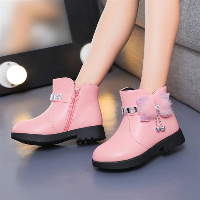 Winter Children's Shoes Girl Mid Length Warm Leather Boots Baby Bow Zpaxo