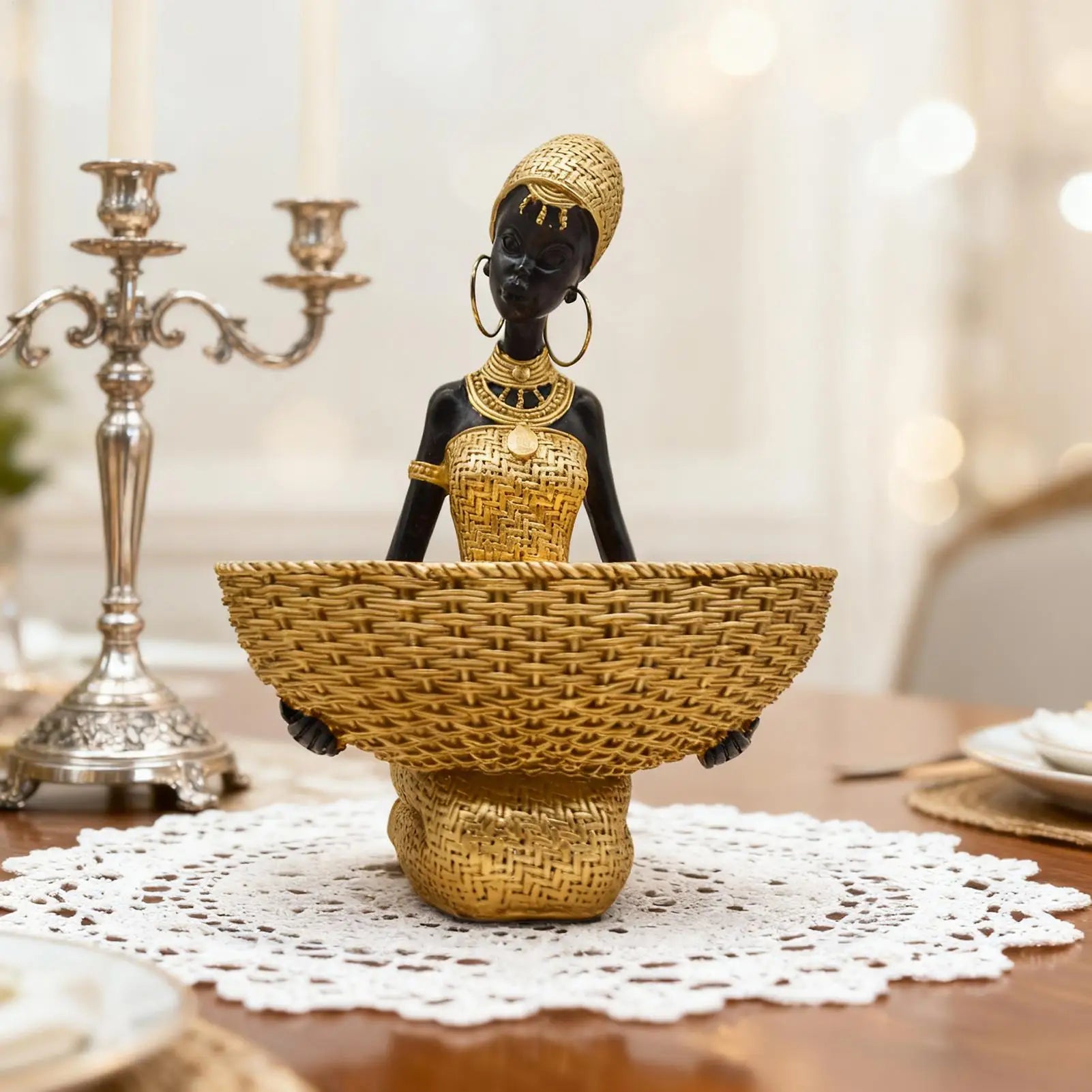 African Statues Vintage Tribal Women Sculpture Gold Black Figurines African Art for Bedroom Living Room Bathroom Apartment Zpaxo