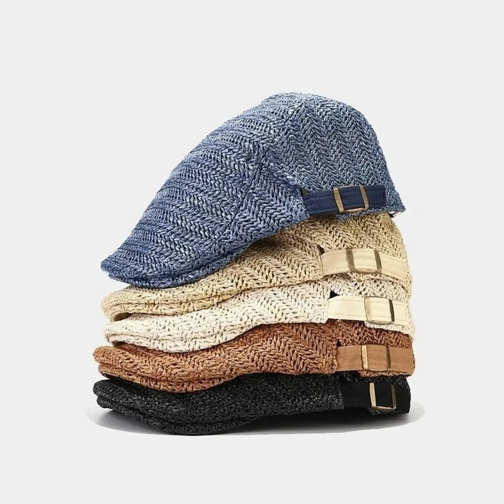 Casual Hollow Design Straw Beret Adjustable Sun Protection Newsboy Cap Breathable Ivy Cap Unisex Zpaxo