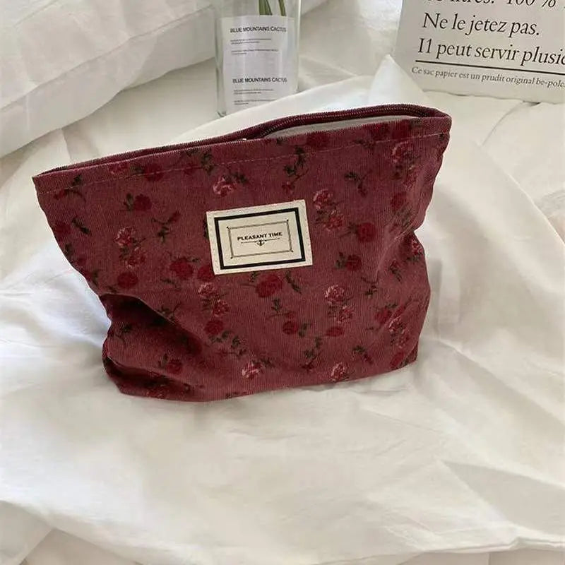 Korean Embroidery Floral Cosmetic Bag – Corduroy Makeup Pouch Travel Cosmetic Bag Zpaxo Pink Rose