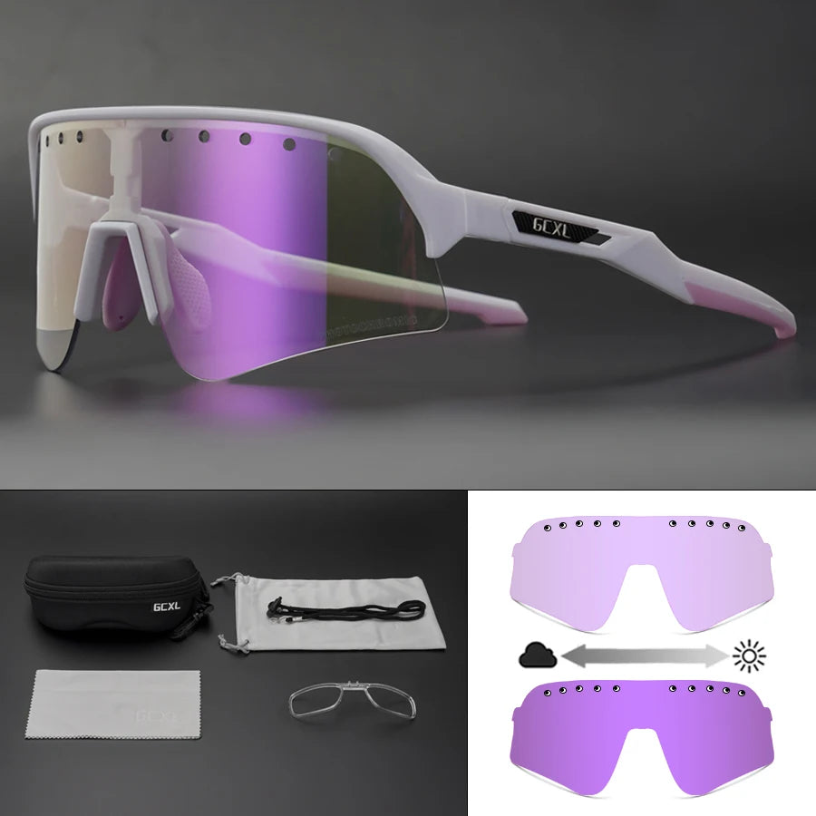 Photochromic Cycling Sunglasses 2024 Bicycle Eyewear Men Women Sports Glasses Road Mountain Bike Fashion Outdoor Running Goggles Zpaxo White-purple