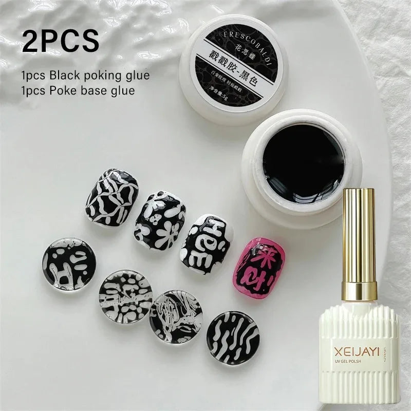Lace Hole Black White Nail Poke Art Glue Bubble Ocean Wave Pattern Zpaxo Black and Primer-2pc