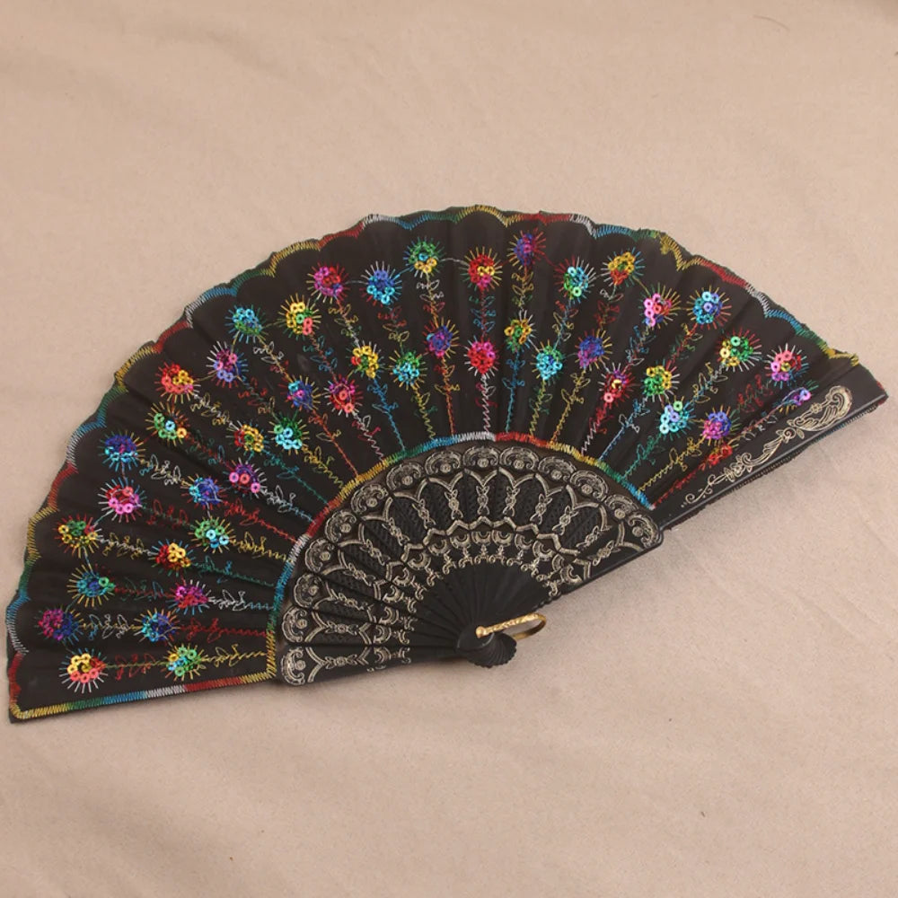 Silk Peacock Sequin Folding Fan – Dance, Wedding & Decor