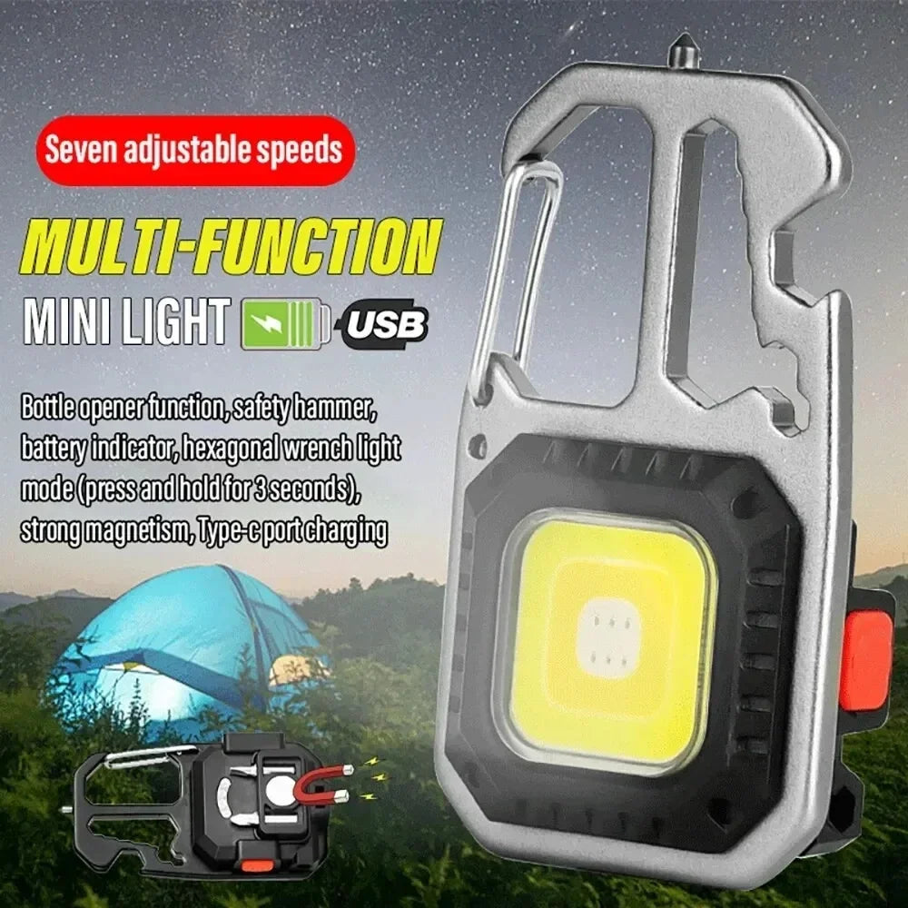 COB LED Keychain Flashlight 500LM – 7 Modes, Bottle Opener & Hammer