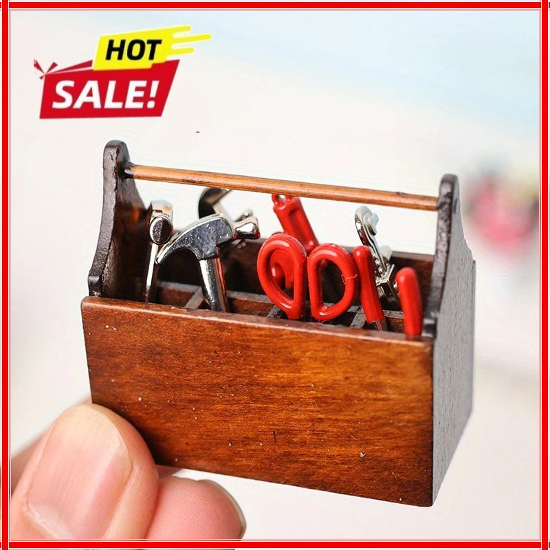 9-Piece 1:12 Dollhouse Miniature Toolbox Set – Handmade Wood Tools Dollhouse Miniature Set Zpaxo