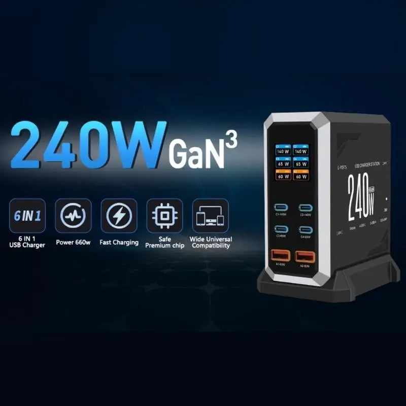 652F 240W USB Charging Station 6 Port Desktop Fast C Adapter Zpaxo