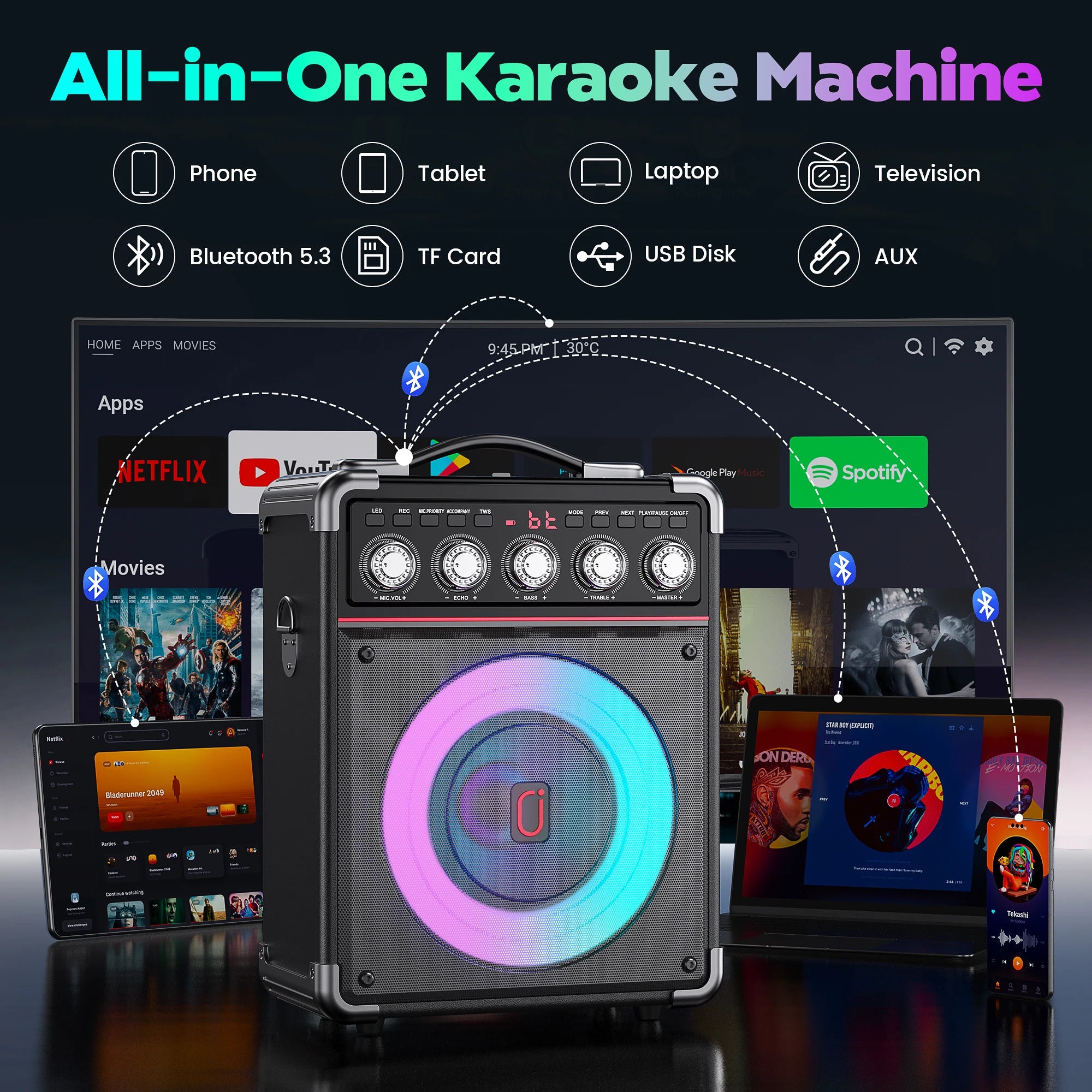 TX05 Karaoke Machine 2 Wireless Microphones Portable System Speaker