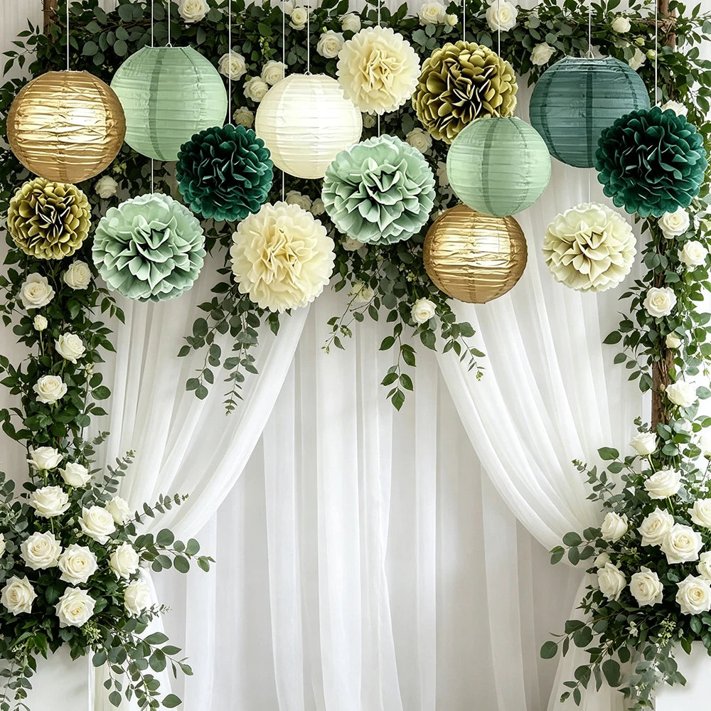 Sage Green Party Decorations Paper Lanterns Pom Poms Tissue Flower