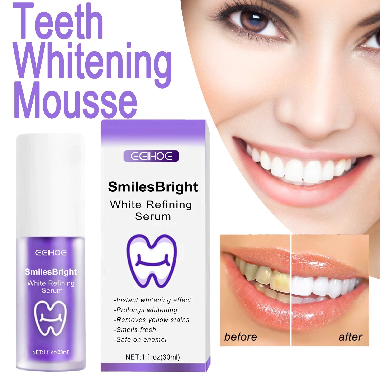 EELHOE Smiles Bright White Refining Serum Teeth Whitening Mousse Mild Ingredients Nano-Hydroxyapatite Xylitol Easy To Use 30ml Zpaxo
