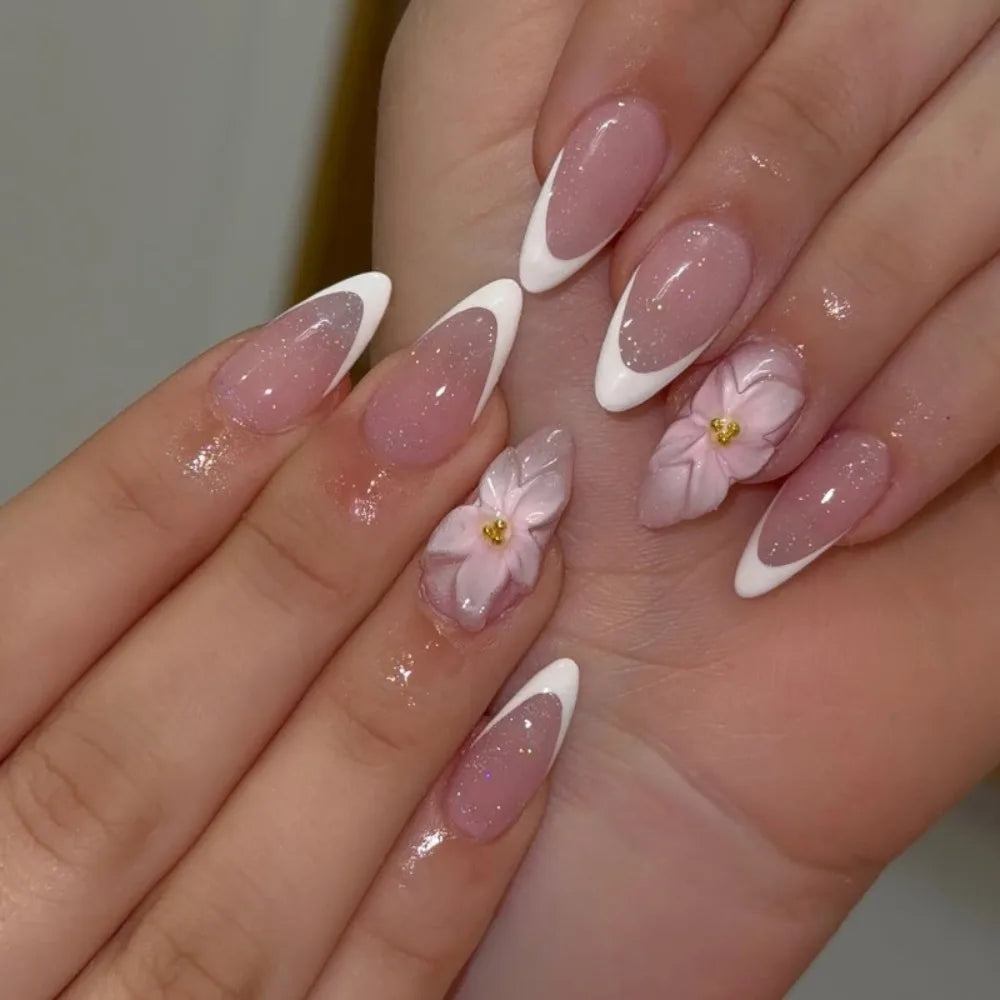 Manicure Long Almond False Nails French White Edge Fake Aurora Flower Zpaxo JP3893