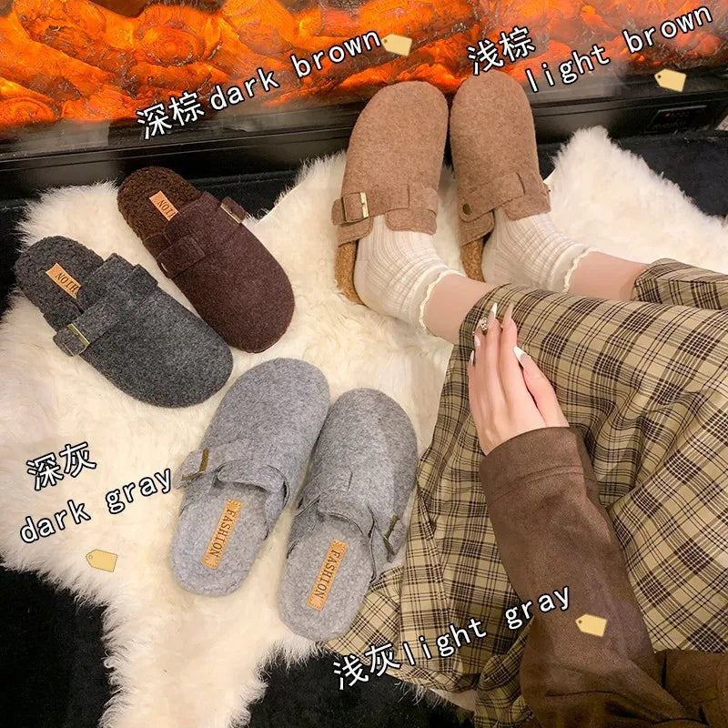 2025 Women's Winter Mule Slippers Fashion Felt Suede Fleece Cotton