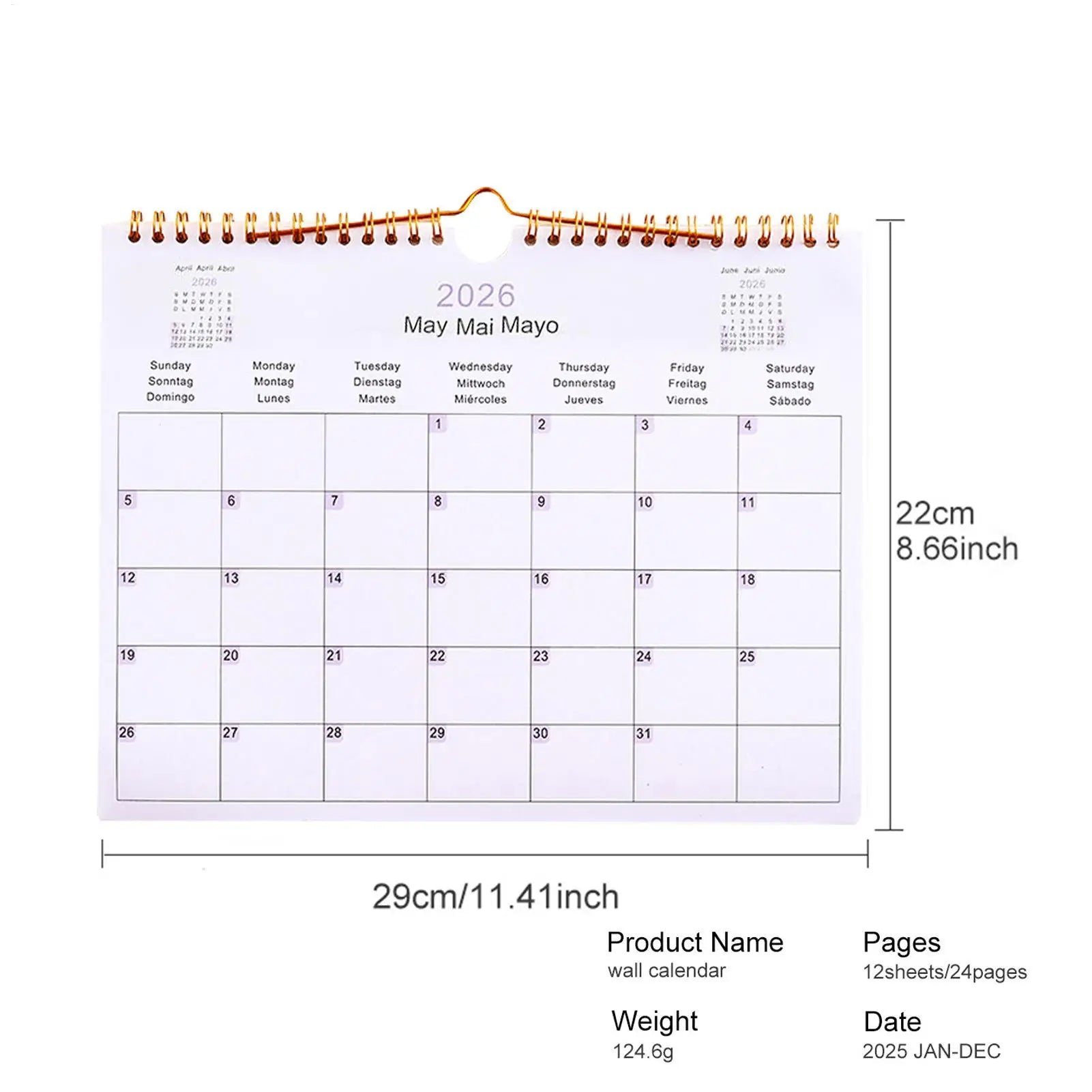2026 Calendar Decorative Multilingual Coil Calendar 12 Month Modern Decorative Planner for Bedroom Dormitory Apartment Family Zpaxo