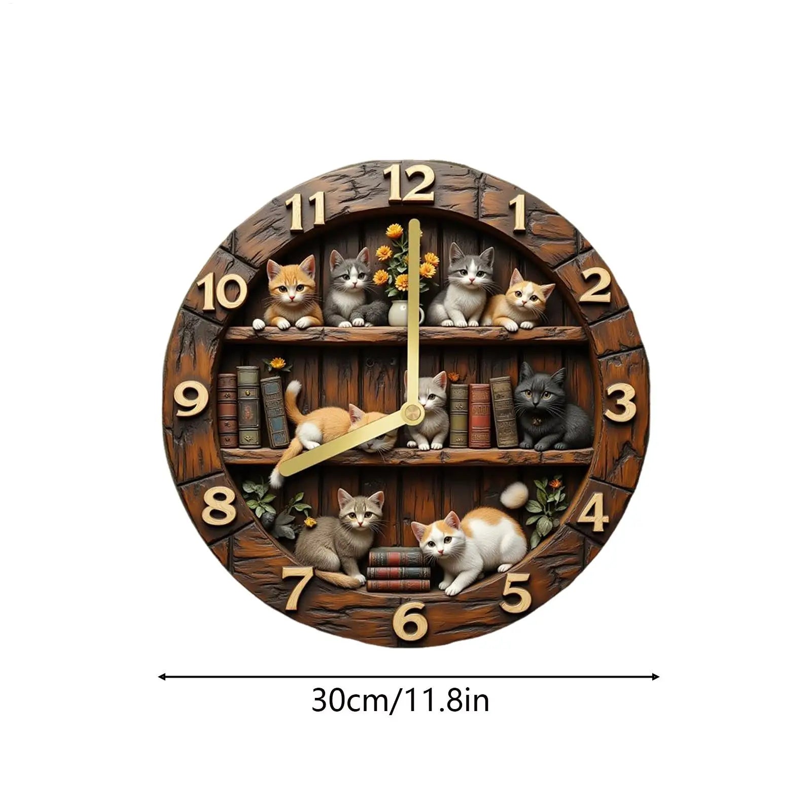 Wall Clock Cat Theme Wooden Cute Animal Decoration Living Room