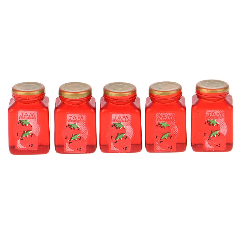 ▶5Pcs 1/12 Dollhouse Strawberry Sauce Jam Jar Dollhouse Miniature Kitchen Food Accessories Dolls House Decorations Toys Zpaxo 5Pcs