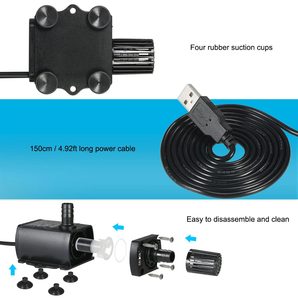 DC 5V 4.8W USB Ultra-quiet Mini Brushless Water Pump Waterproof Submersible Fountain Aquarium Circulating 300L/H Lift 300cm Zpaxo