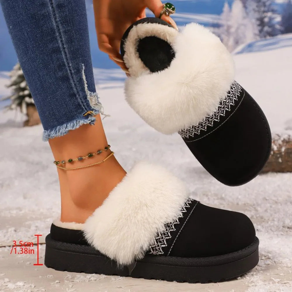 Fashion Striped Fluffy House Slippers Women 2025 Winter Warm Plush