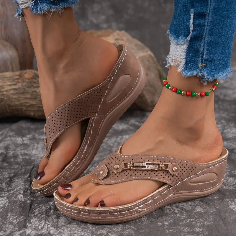 Women's Fish Mouth Clip-toe Comfortable Vintage Wedge Heel Slippers Zpaxo Khaki 42