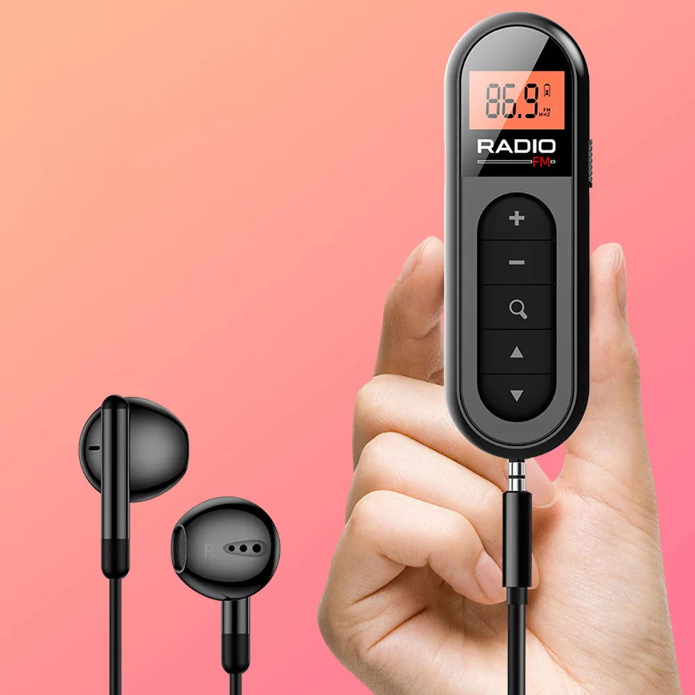 FM Radio Backlight LCD Display Mini Pocket Clip Headphones Personal
