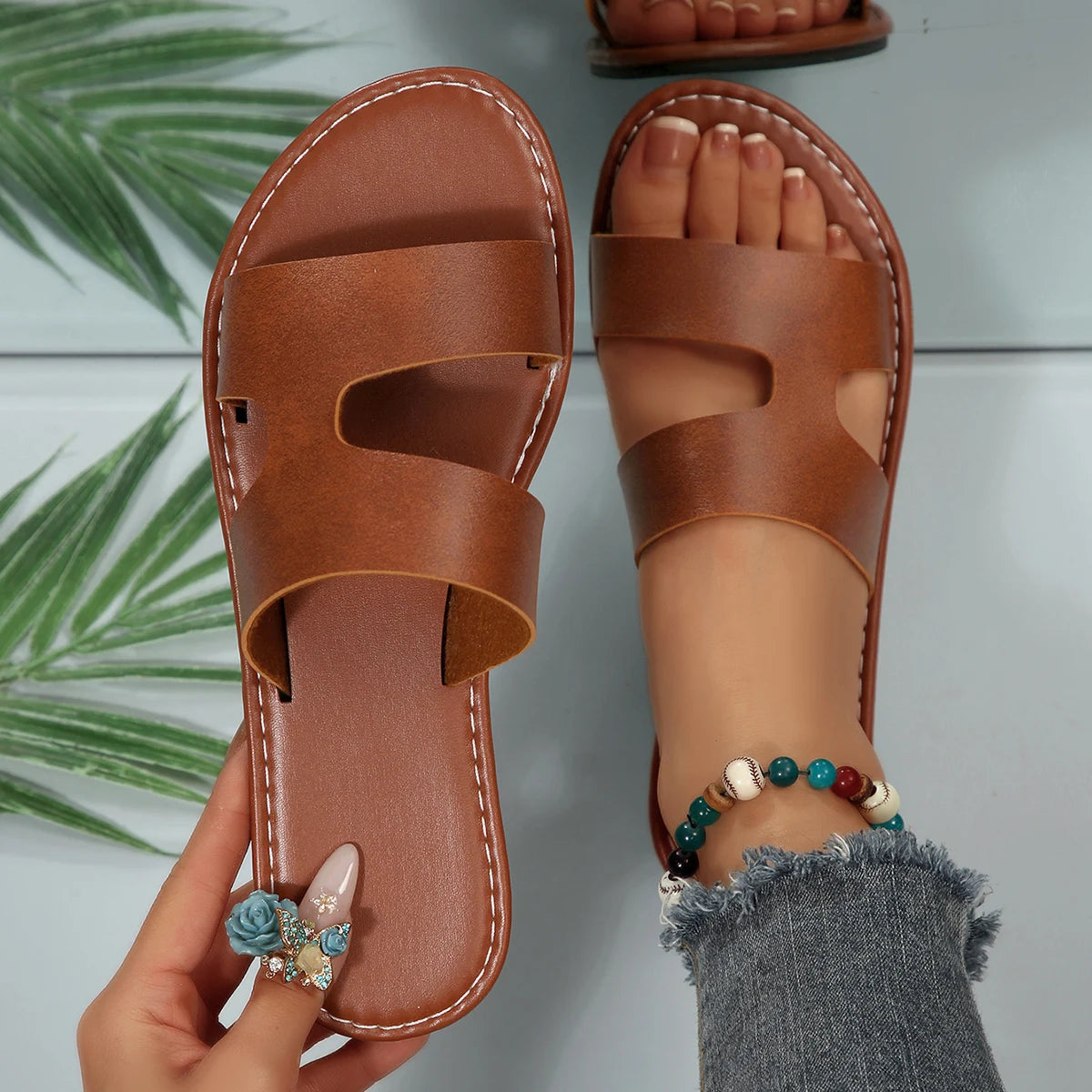 Women Flat Slippers Lightweight Leather Shoes Cross Strap Rome Style Low Heels Sandals Summer Ladies Slippers Slides Women Zpaxo Brown 36