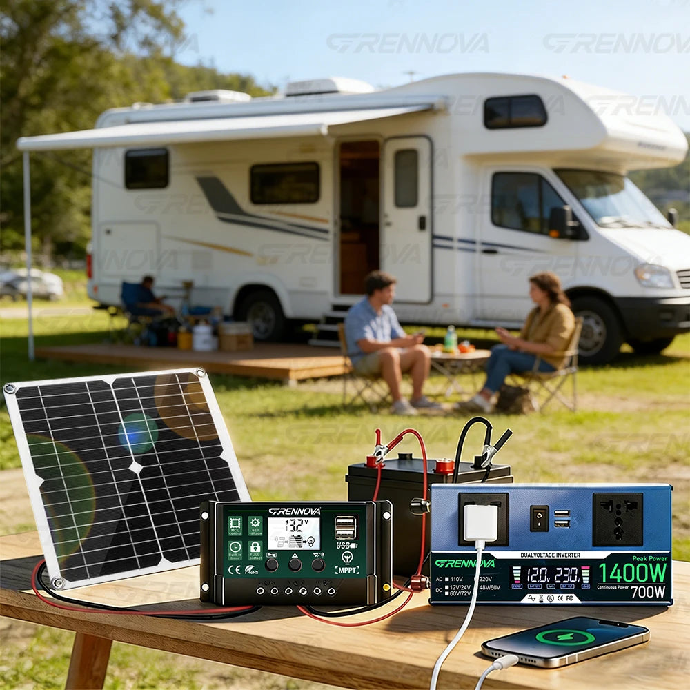 Grennova 1400W Solar kit Intelligent Inverter(continuous Power 700W )30W Solar Panel 60A Controller 12/24V 110V/220V for fish RV Zpaxo