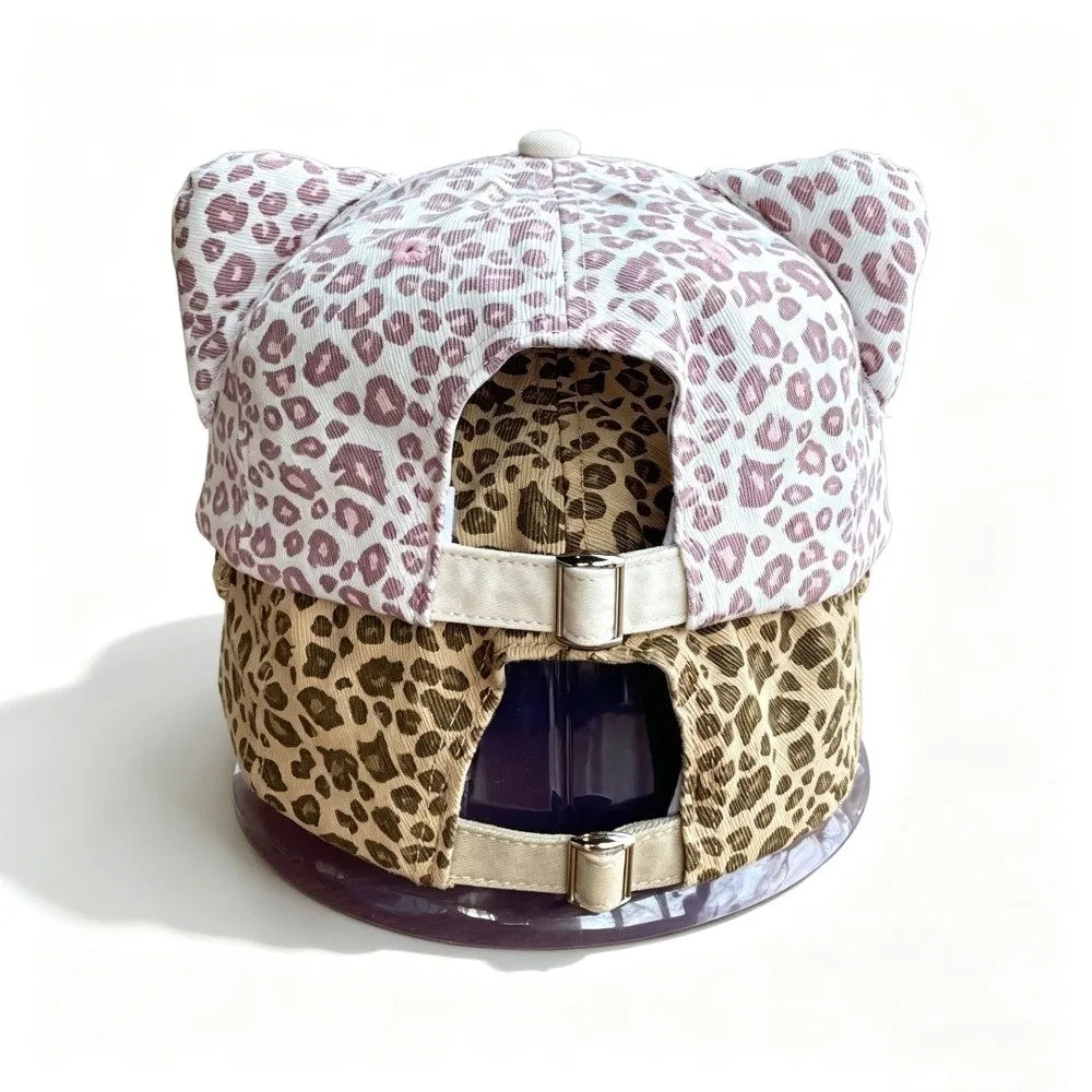 Cute Adjustable Baseball Cap Leopard Print Cartoon Embroidery Duckbill Hat Cat Ear Sun Protection Hat Spring Zpaxo