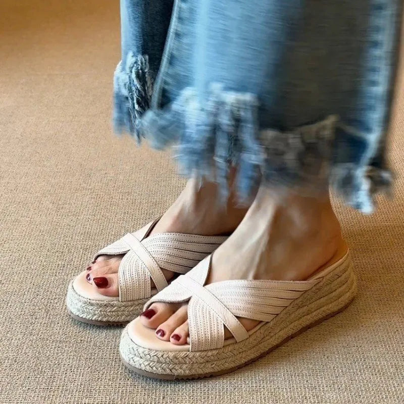 Casual Wedge Women's Slippers Mid Heels Elegant Fashion Thick Soled Zpaxo Beige 39