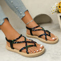 Women Sandals Printed Cross Band Roman Shoes Woman Bohemian Style Braided Strap Flat Sandals Women Summer Clip Toe Beach Shoes Zpaxo green 36