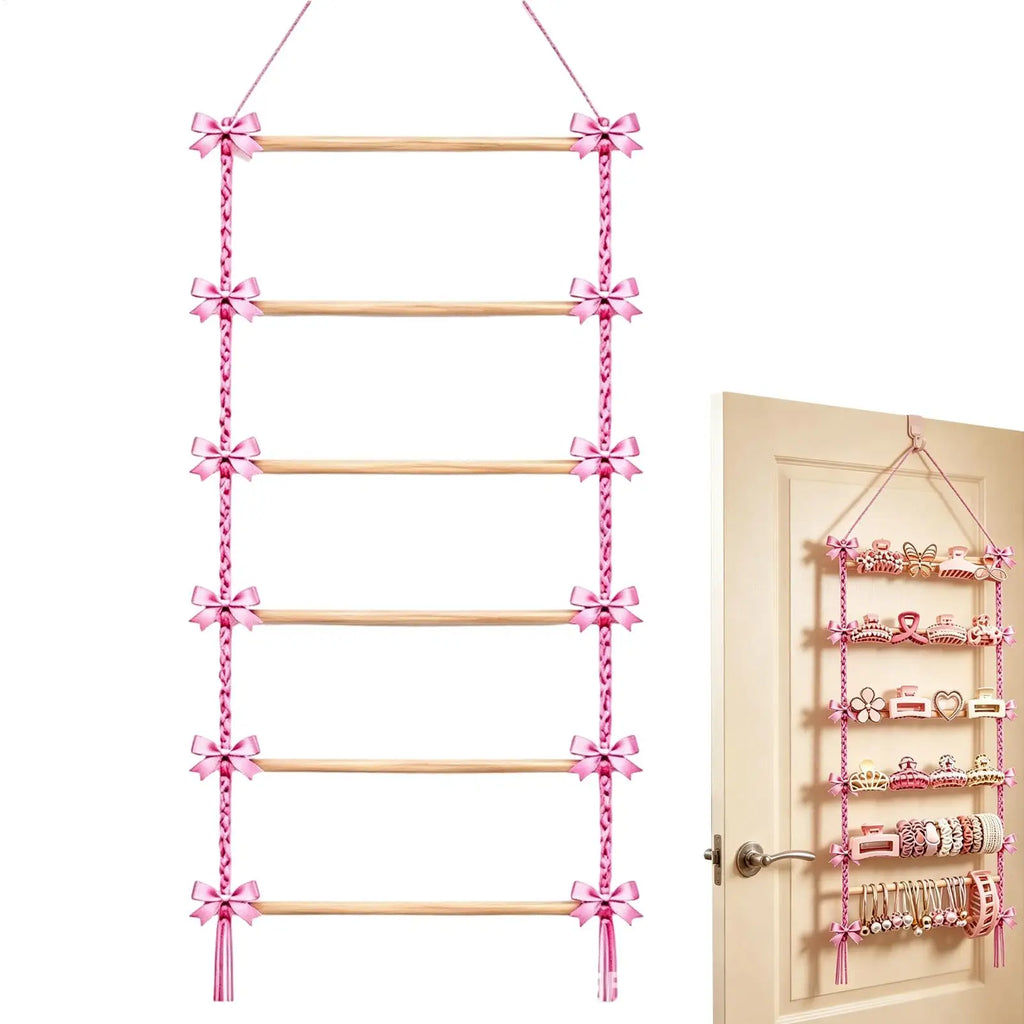 Macrame Hair Accessory Storage Hanging Clip Organizer Pink Bow Holder