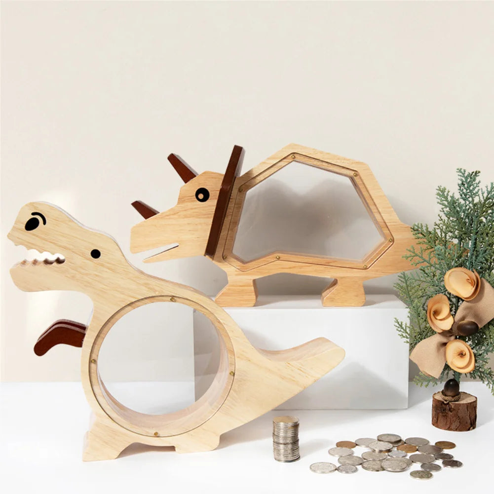 Money Box Dinosaur Arrives Wooden Money Box Acrylic Children's Desktop Ornament Savings Jar Zpaxo