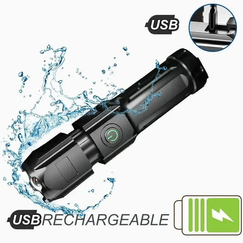 Powerful LED Flashlight Rechargeable USB Built-in Lithium Battery Waterproof Zoom Fishing Hunting Camping Tactical Flashlight Zpaxo F15-T black