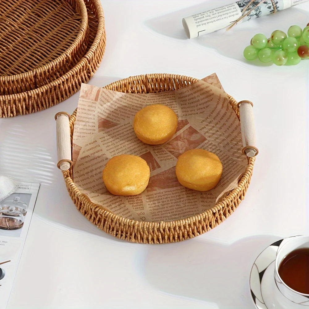 1 Round Handmade Woven Plastic Rattan Storage Basket Wooden Handle