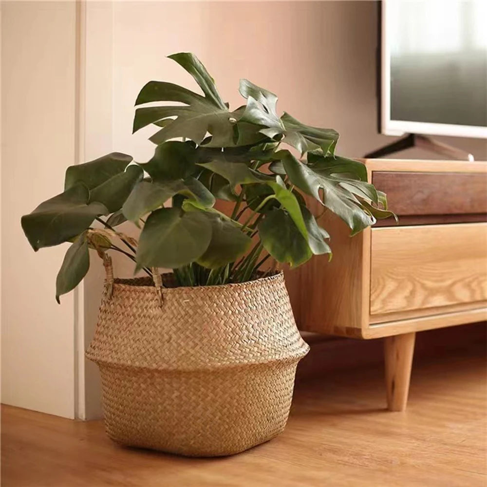 Plant Basket with Handles Wicker Basket Plant Pot Storage Basket Rattan Hanging Flower Pot Laundry Home Decor Zpaxo