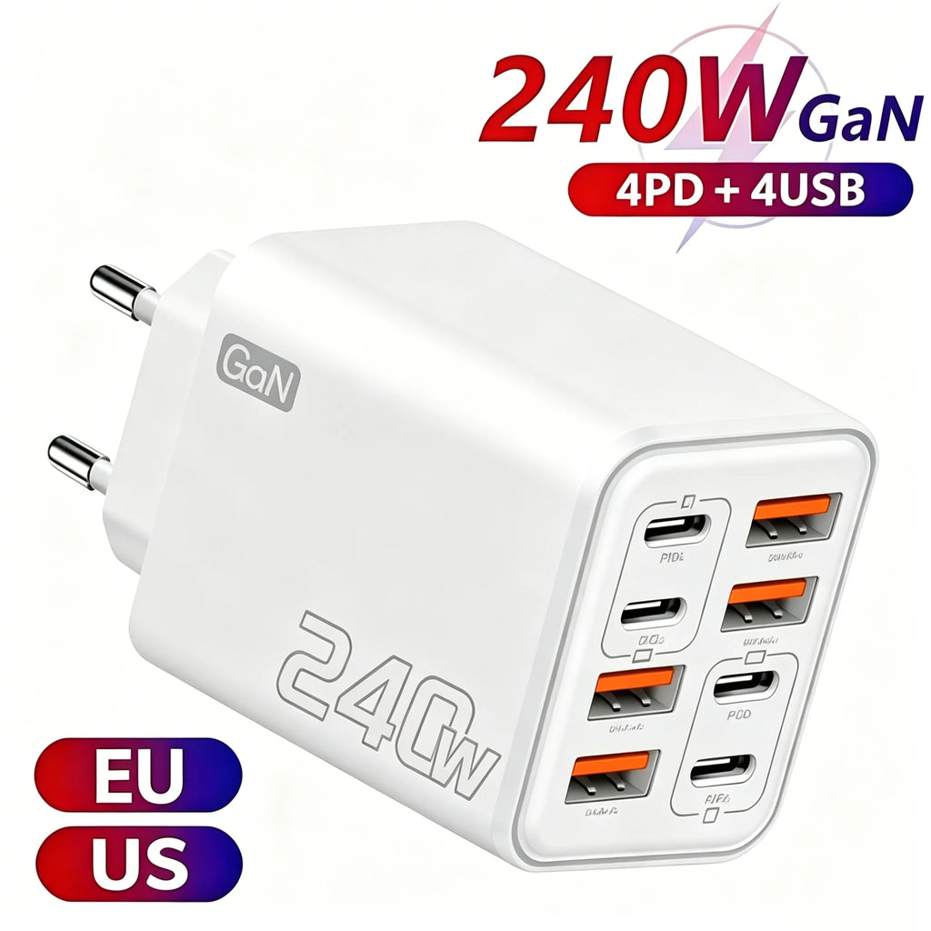 240W GaN USB C Charger 8 in 1 Fast Charging Phone Charger Power Adapter For iPhone Samsung Xiaomi Type C EU/US Plug Wall Charger Zpaxo