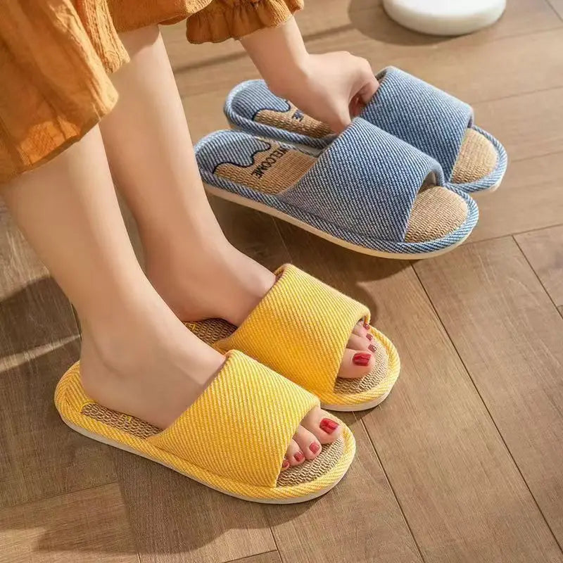 Women Linen Slippers Four Seasons Indoor Sandals Adults Cartoon