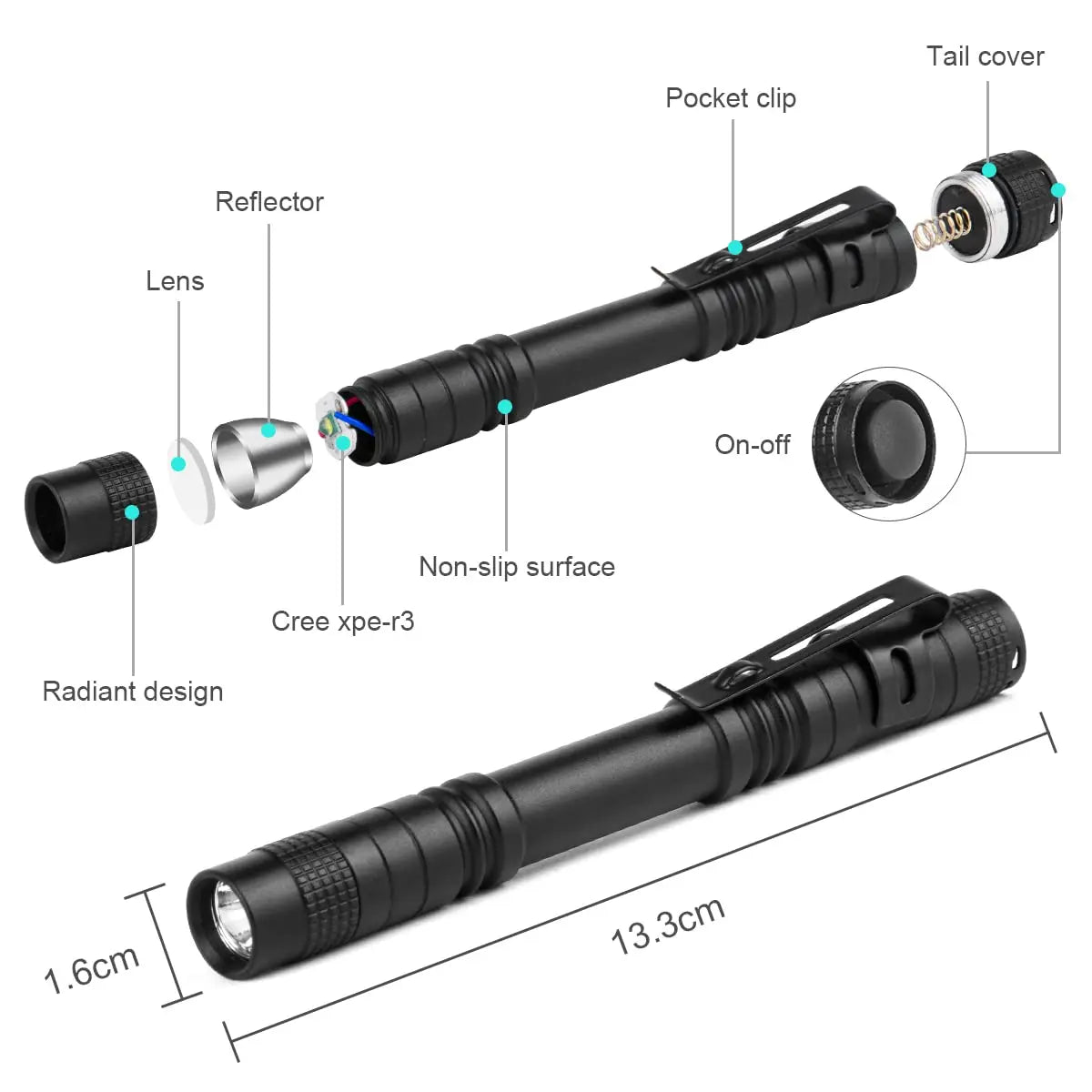 Portable Mini LED Pen Flashlight Pocket Waterproof Handheld Torch Light for Outdoor Camping Hiking Car Repair Emergency Home Use Zpaxo