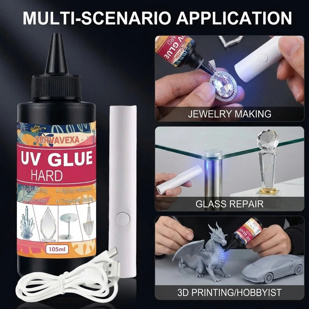 30/50/105ml SERVAVEXA UV Glue Hard Kit Rapid Curing Transparent Adhesive with USB UV Lamp for Glass Crystal Jewelry Craft DIY Zpaxo