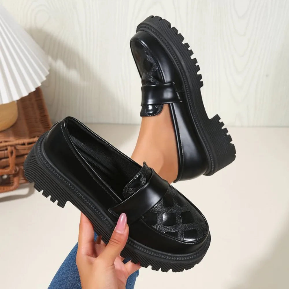 Casual Platform Loafers Woman 2025 British Black Brown PU Leather