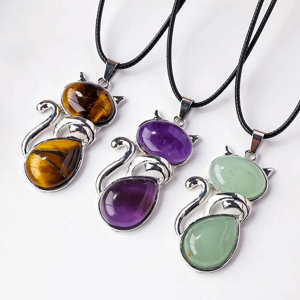 Natural Stone Cat Pendant – Amethyst, Tiger Eye & Crystal Crystal Pendant Necklace Zpaxo