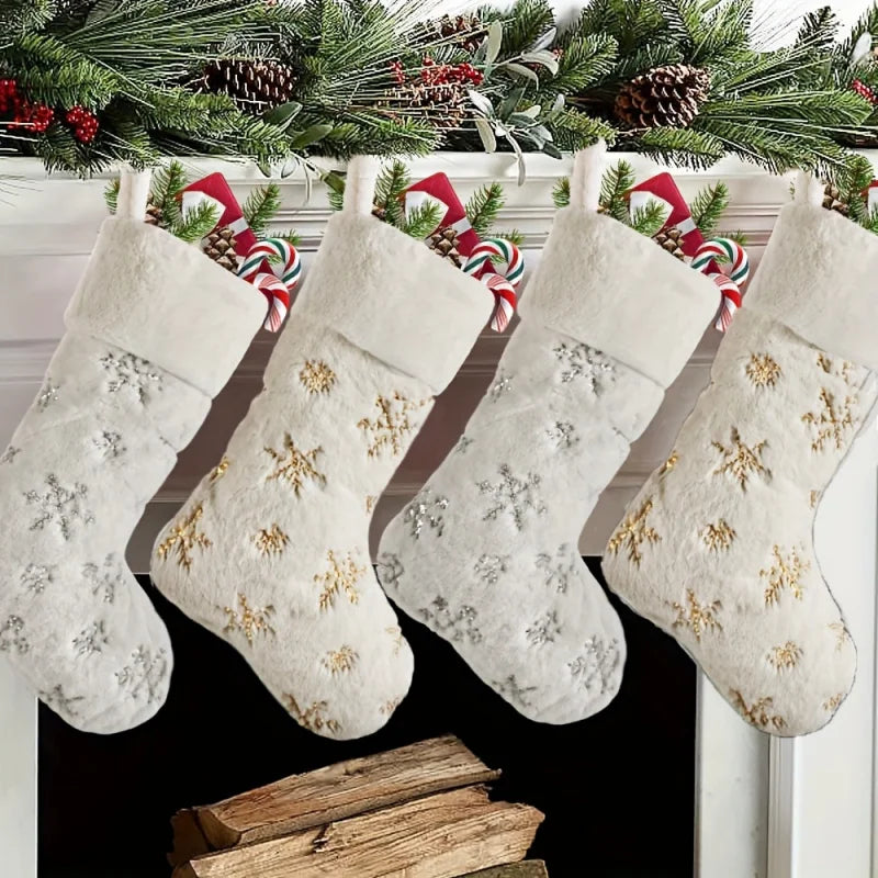 Christmas Stocking Plush Faux Fur Sock Snowflake Sequins Holiday Tree