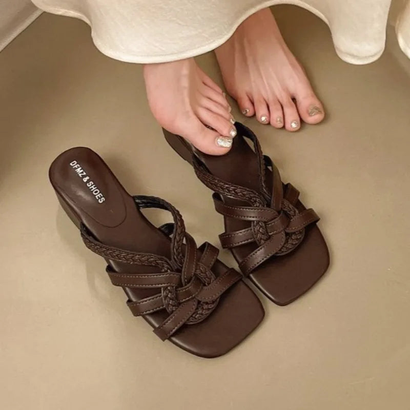 Women's Square Open Toe Solid Weaving Wedge Heel Slippers Summer Zpaxo Brown 37