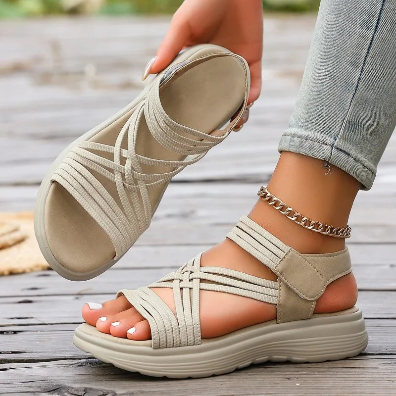 Women's Hollow Out Breathable Wedge Mid Heel Sandals Summer Women Zpaxo Beige 40