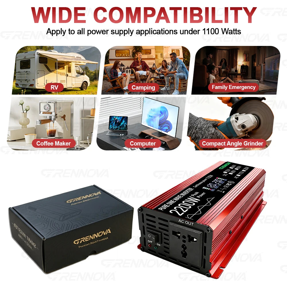 GRENNOVA 2200W Pure Sine Wave Inverter DC 12V 24V 48V to AC 110V 220V 1100W Rated Power Power Inverter for RV Truck Solar System Zpaxo
