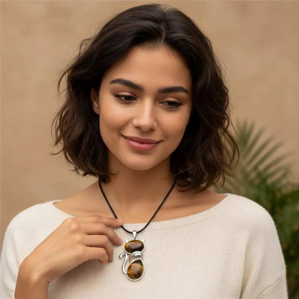 Natural Stone Cat Pendant – Amethyst, Tiger Eye & Crystal Crystal Pendant Necklace Zpaxo