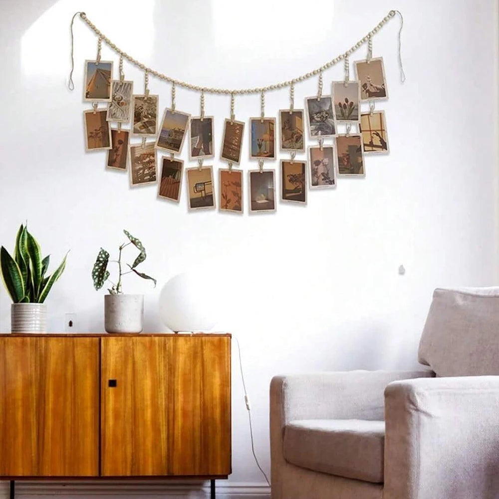 Hanging Photo Display with Wooden Beads Garland 22 Clips Birthday Photo Display Holder Classroom Dorms Bedroom Wall Decor Zpaxo