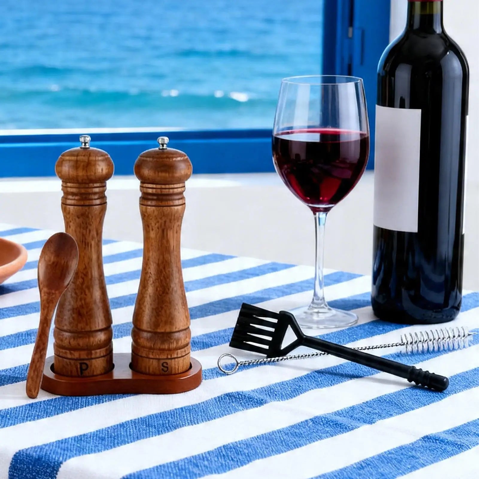 Wooden Salt Pepper Grinder Refillable 1 Spoon 2 Cleaning Brushes