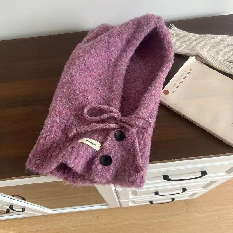 Korean Hat Scarf Women's Autumn Winter Warm Ear Protection Hooded Zpaxo Purple one size