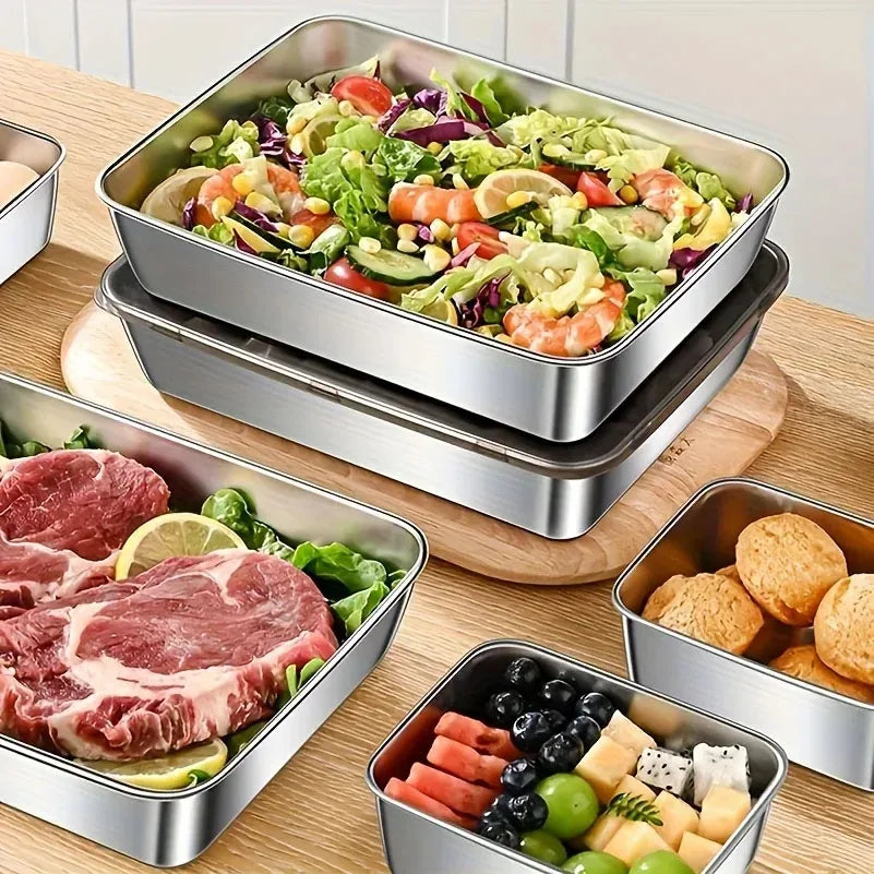 Plate Stainless Steel Food Container with Cover Thick Tray Fresh-keep Food Fruit Lid Sealed Storage Box Kitchen Fridge Organizer Zpaxo