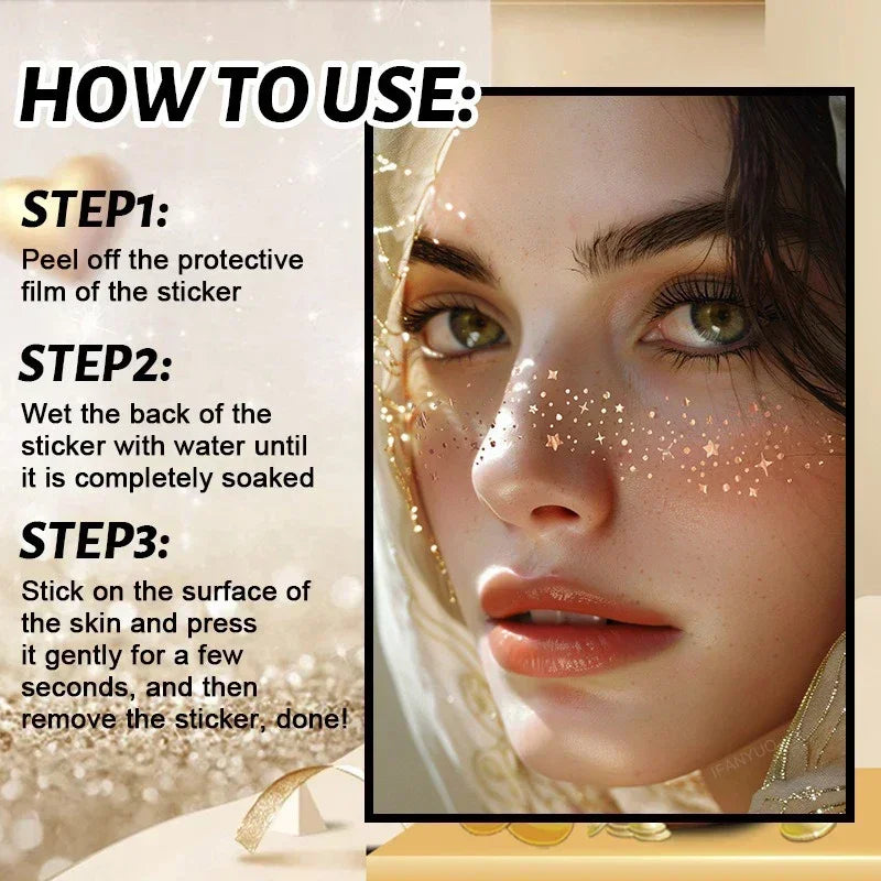 6 Sheets Stamping Freckles Makeup Patches Glitter Gold Fake Temporary