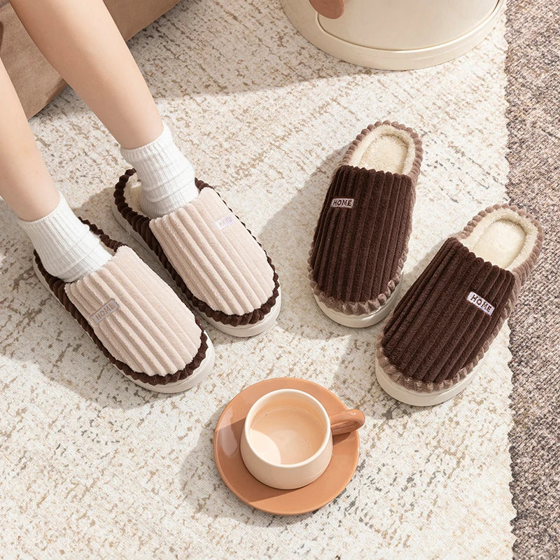 Cotton Slippers Women Men Winter Home Striped Warm Anti Slip Slides